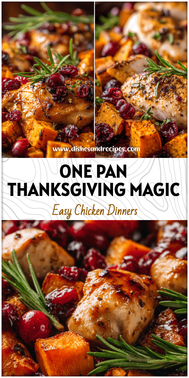 Roasted chicken with sweet potatoes and cranberries on a Thanksgiving Sheet Pan meal.